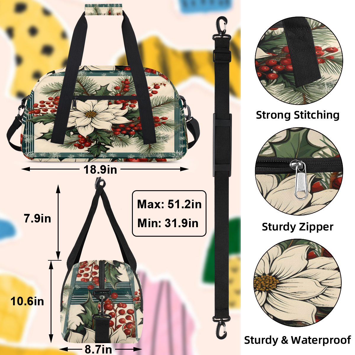 Herdesigns Sports Duffle Bags Travel Duffle Bag Gym Bag Vintage Flower Christmas Theme Weekender Travel Bag Waterproof Overnight Bag Carry On Travel Tote Bag Dance Bags