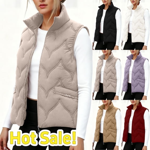 Taqqpue Puffer Vest Women Sleeveless Winter Cropped Outerwear Solid Color Warm Puffer Lightweight Stand-up Collar Down Jacket with Pockets