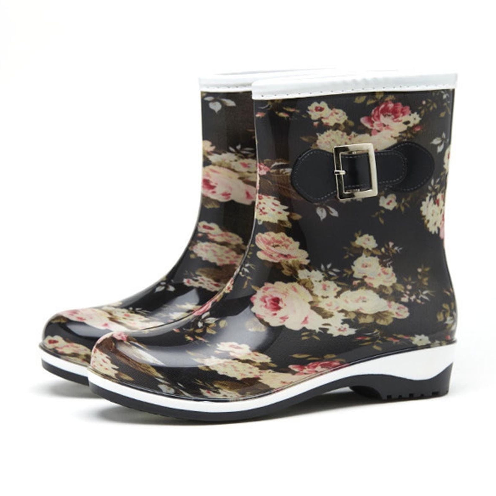 Xfvqtps Rain Boots for Women Mid Calf Chunky Mid Heels Buckle Decoration Flower Print Garden Boots Waterproof Non Slip Rubber Sole Outdoor Work Rain Shoes Black