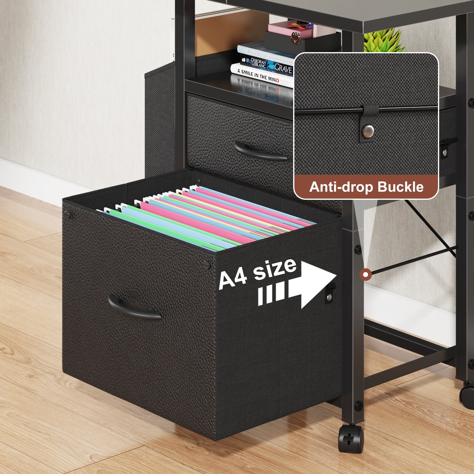 HIGDBFE File Cabinets with 2 Drawer, Rolling Fabric Filing Cabinet with 24'' Large Tabletop, Printer Stand for Home Office, Fits A4/Letter Size, Rustic Black