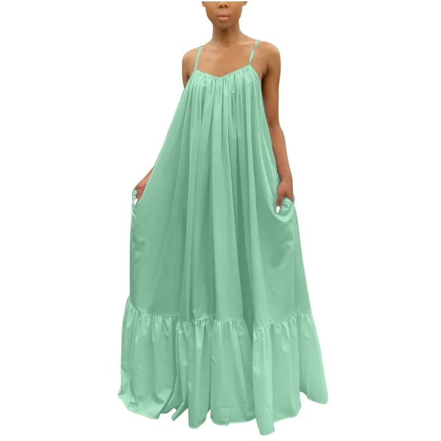 Robe d'Été pour Femmes Grande Taille Mode Femmes Décontractée Unie Sans Manches à Bretelles Robe avec Poches Ample Dos Nu Robe Grande Taille Robe d'Été Ample pour Femmes Robe d'Été Grande Taille Femmes