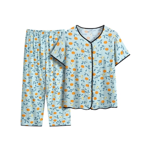 Conjunto de Dos Piezas para las Mujeres de Verano Casual Manga Corta Cuello Redondo Y Pantalones, Algodón Seda Pijama Conjunto