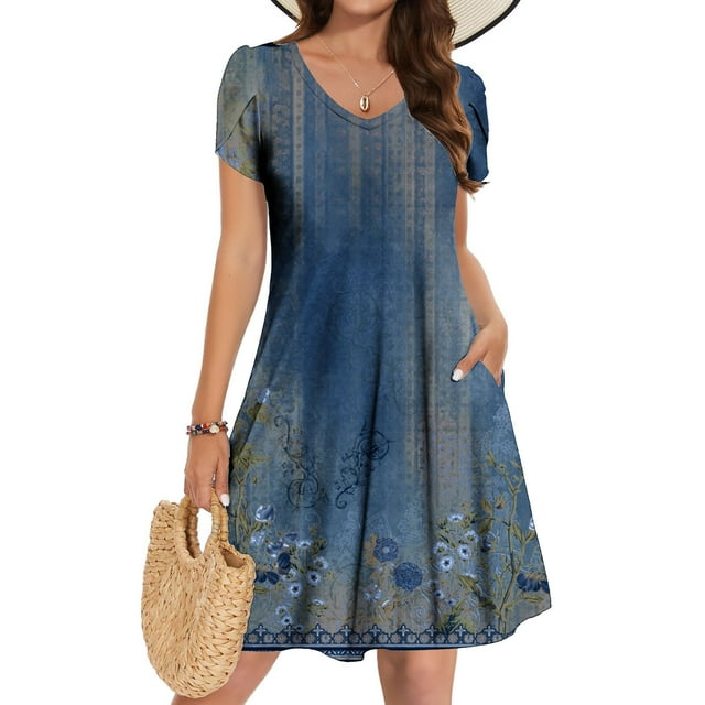 Weiqiqre Robes d'Été pour Femmes Robe d'Été Trapèze avec Poches Mini à Manches Courtes Robes Fluides de Plage Robe Évasée Vacances Voyage