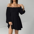 thumbnail image 2 of DHFJKG Women's Off The Shoulder Long Flared Sleeve Mini Dress Smocked Waist Solid Color Party Club Dresses 2026 Stylish Dresses, 2 of 9