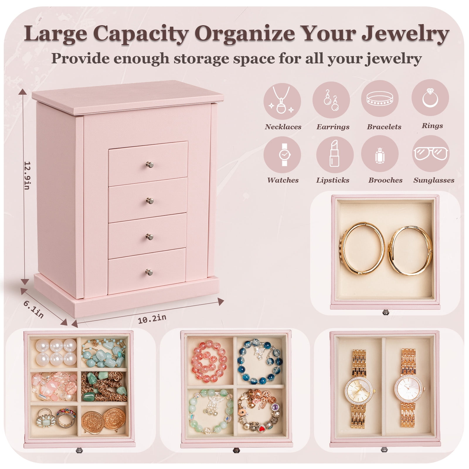Leather Jewelry Box for Women, 5 Layer Large  Jewelry Organizers Box for Necklaces Earrings Rings Bracelets, Organizer with Drawers and Mirror, Pink