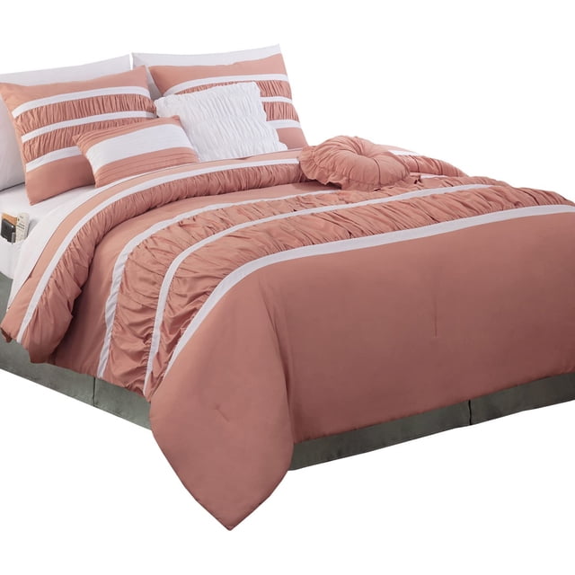 Mocassi 12-Piece Comforter Set, Isabella Bedding Collection includes 6-Piece Smart Sheet Set, Matching Shams & Decorative Pillows, Full/Queen, Dusty Rose