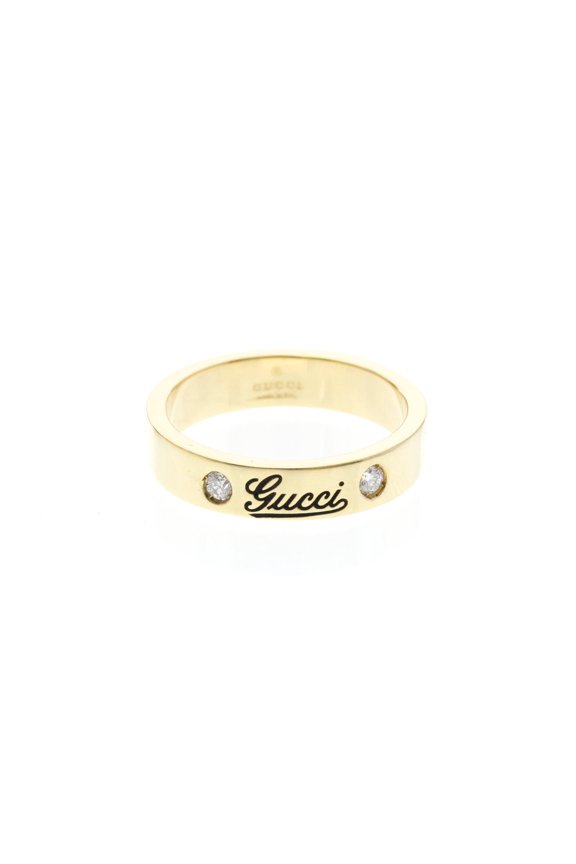 Pre-Owned Gucci Icon Print Ring With 2 Diamonds Yellow Gold (18K) Fashion Diamond Band Ring Gold