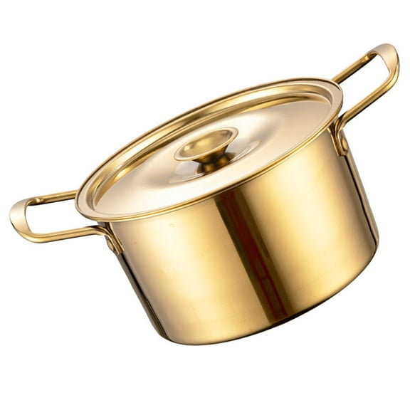 KALLORY Golden Stainless Steel Korean Ramen Pot with Double Handles 2.5 Quart for Cooking Soups Noodles and Hot Pot