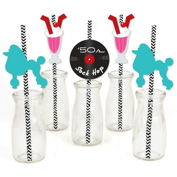 Big Dot of Happiness 50's Sock Hop - Paper Straw Decor - 1950s Rock N Roll Party Striped Decorative Straws - Set of 24