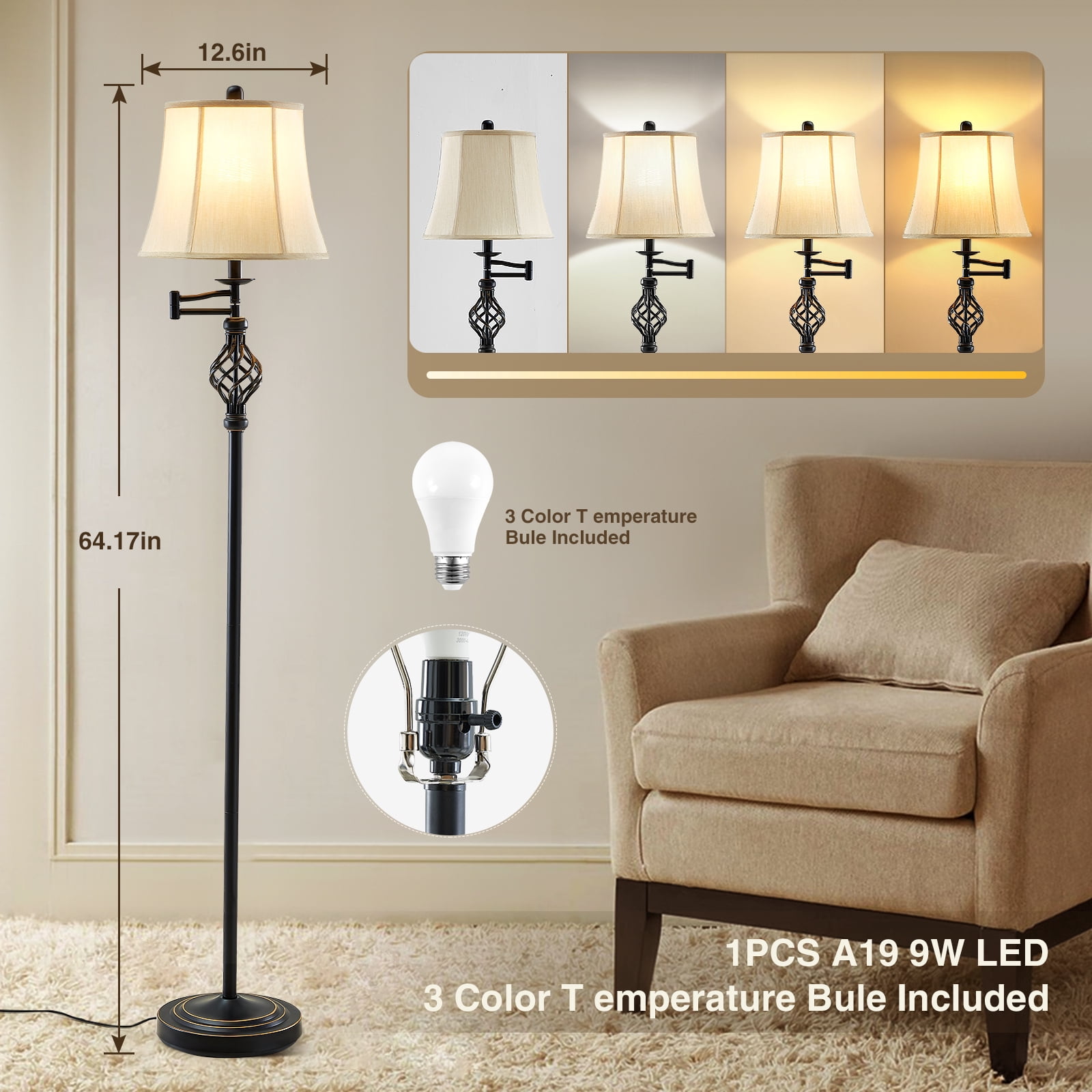 NATYSWAN  Traditional 3 Color Temperature Floor Lamp with 350° Adjustable Swing Arm Lamp, Vintage Standing Pole Lamps for Living Room, Bedroom and Office