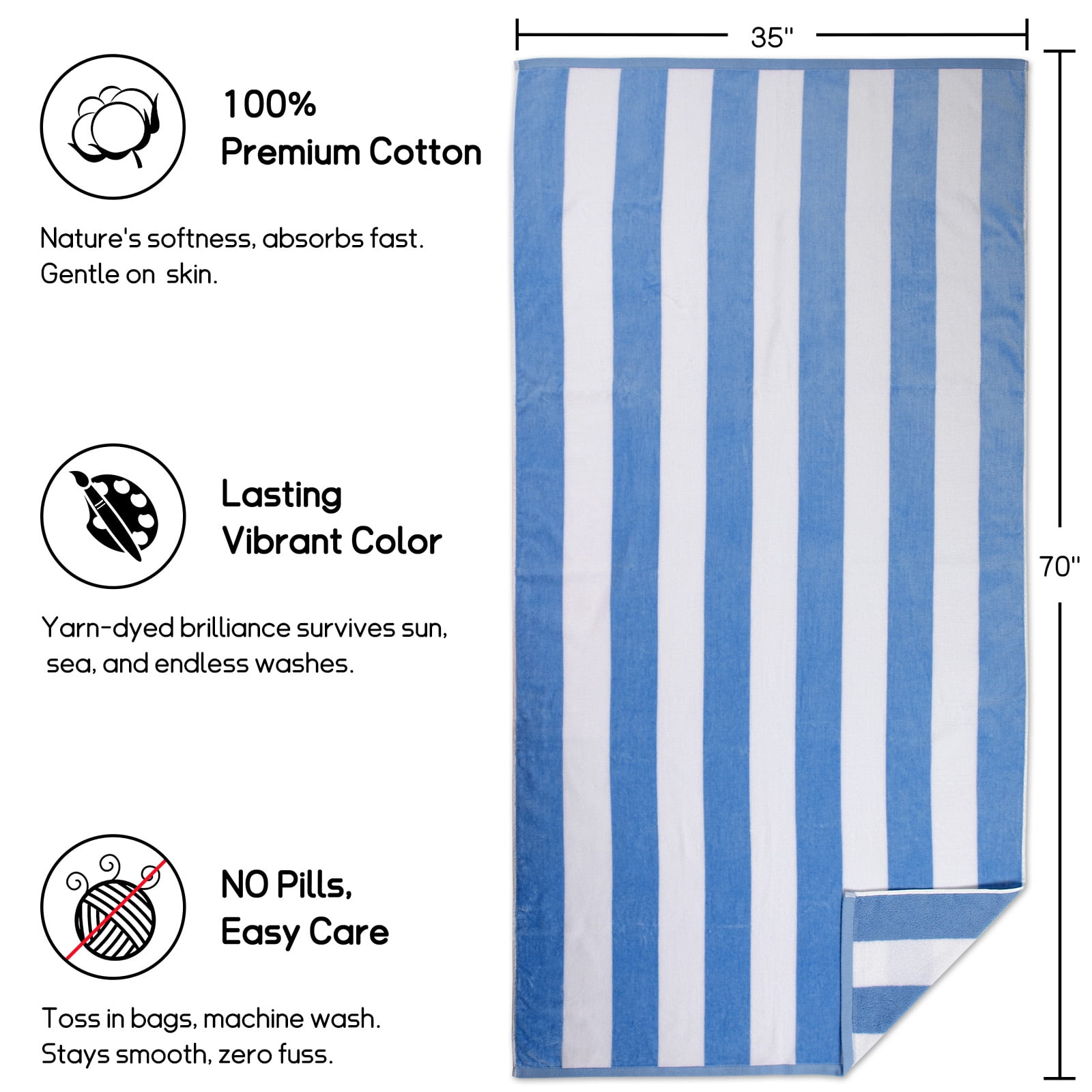 Ouxiaobai Cotton Oversized Beach Towel - 35 x 70 Inch Large Size Pool Towel, Striped Cabana Swim Towel