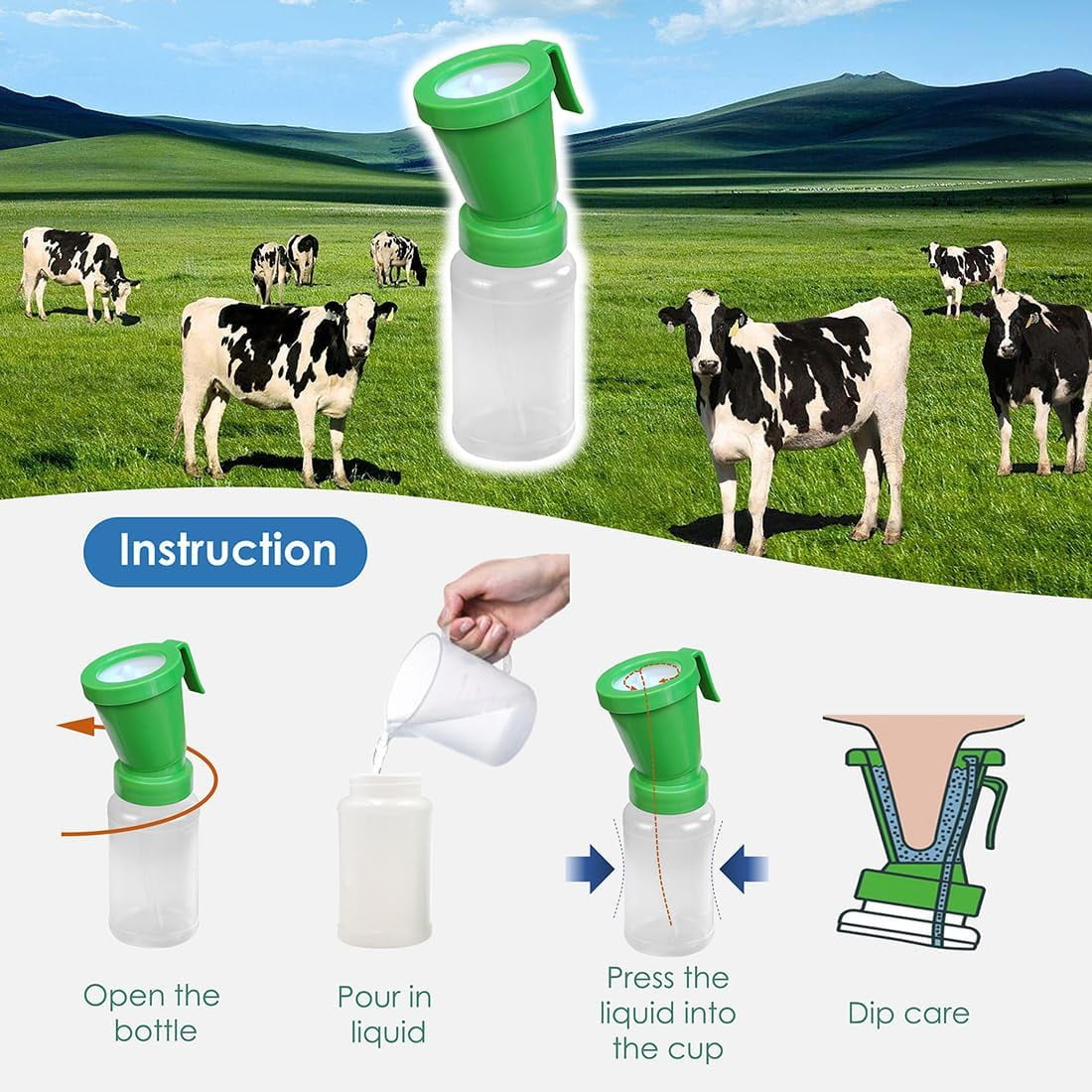 ABCISI 2 Pack Teat Dip Cup, Non Reflow Nipple Cleaning Disinfection, Portable Dip Cup for Cow Sheep Goat, Non-Return Teat Dipper - 10 fl oz (Green)
