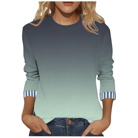 Fashion Fall Saving LiMoi Women's Gradient Color Blouse 3/4 Sleeve Round Neck Soft Comfortable Top Tees Tshirts for Everyday Wear My Order My Items