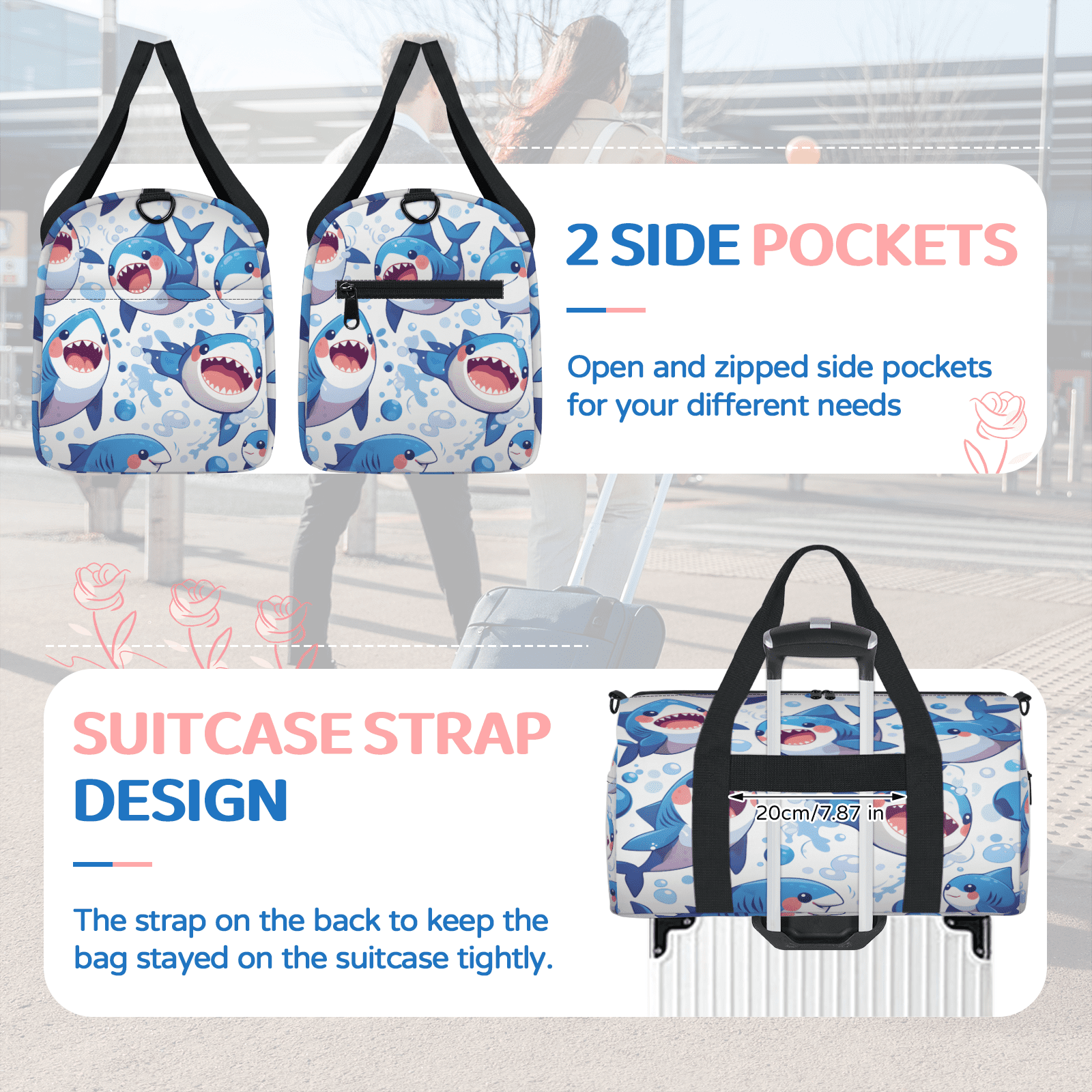 Herdesigns Cute Shark Gym Bag for Women, Duffle Bag for Travel Sport, Nautical Lightweight Waterproof Carry on Weekender Dance Yoga Workout Bags