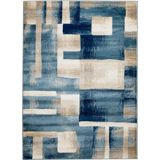 Madison Collection 2x7 Abstract Cream, Cream And Blue Rug