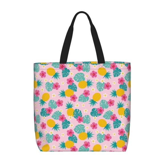 Honeii Pineapple And Leaves Print Tote Bag, Reusable Grocery Shopping Bag,Shoulder Bag with Inner Pocket
