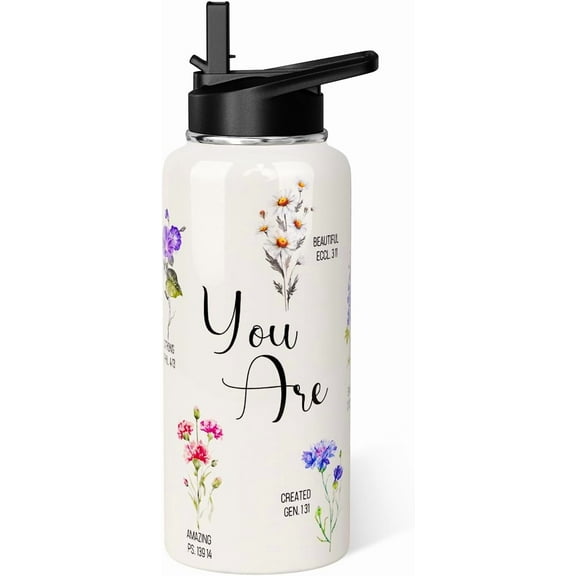 Christian Insulated Water Bottle 32oz, Religious Gift for Women Girls - Flip Straw Thermos Cup with Handle, Inspirational Scripture Design