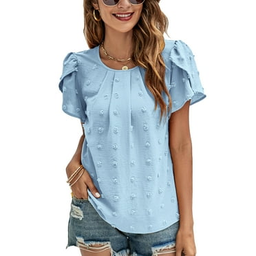 Round Neck, Short Sleeved, Solid Color Top Blue Floral Jacquard Blouse with Petal Sleeves