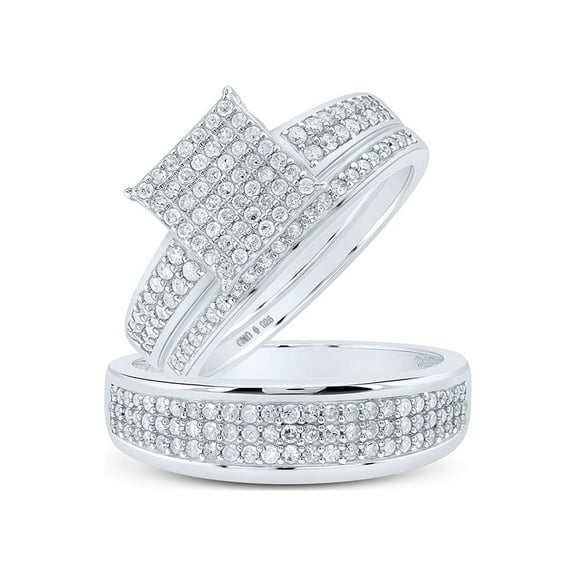 Diamond Queen Sterling Silver His Hers Round Diamond Square Matching Wedding Set 7/8 Cttw