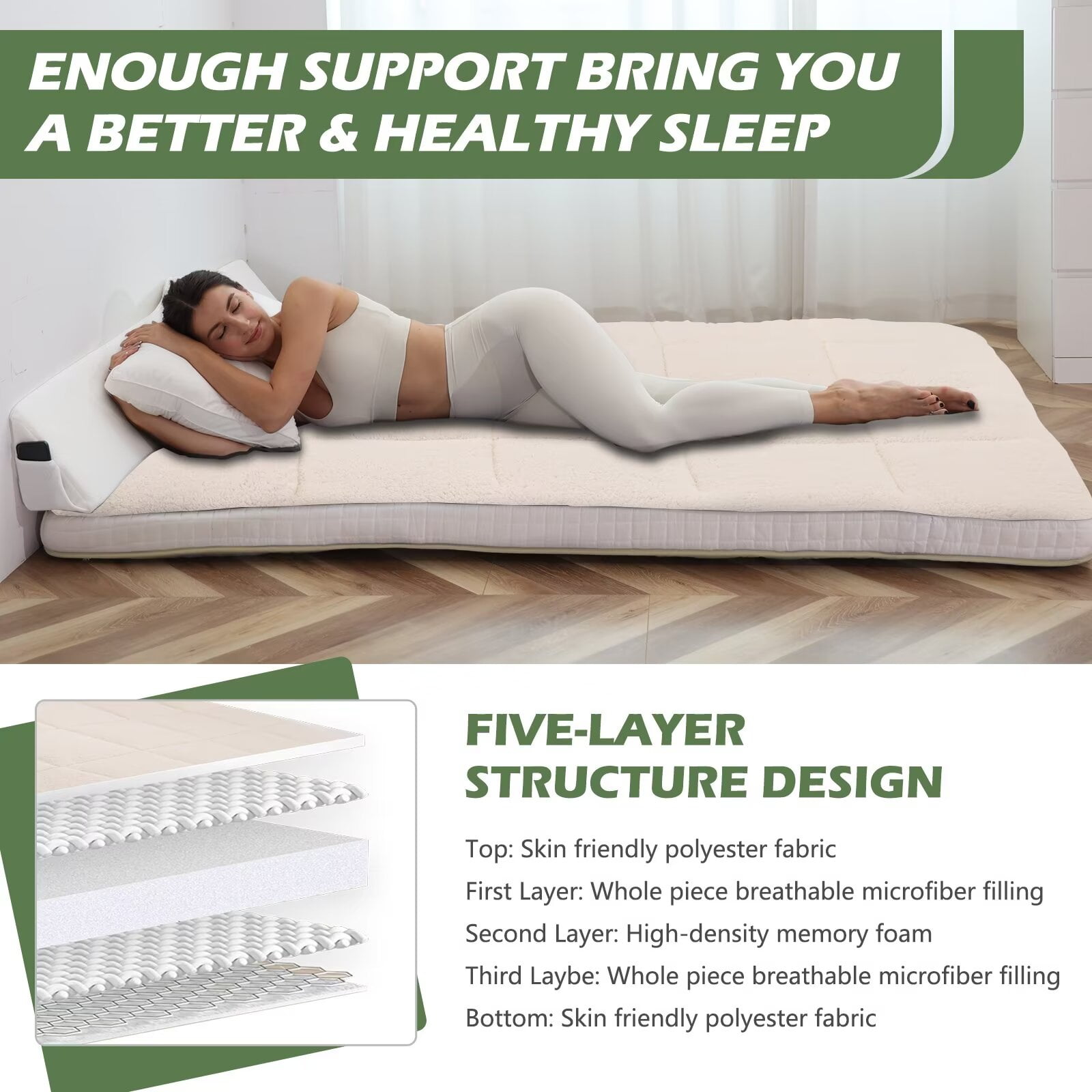 MOPHOTO Upgraded Extra Thick Floor Mattress with Storage Bag,Japanese Futon Mattress,Folding Sleeping Padded Futon Mattress Portable Camping Mattress,Beige,Twin