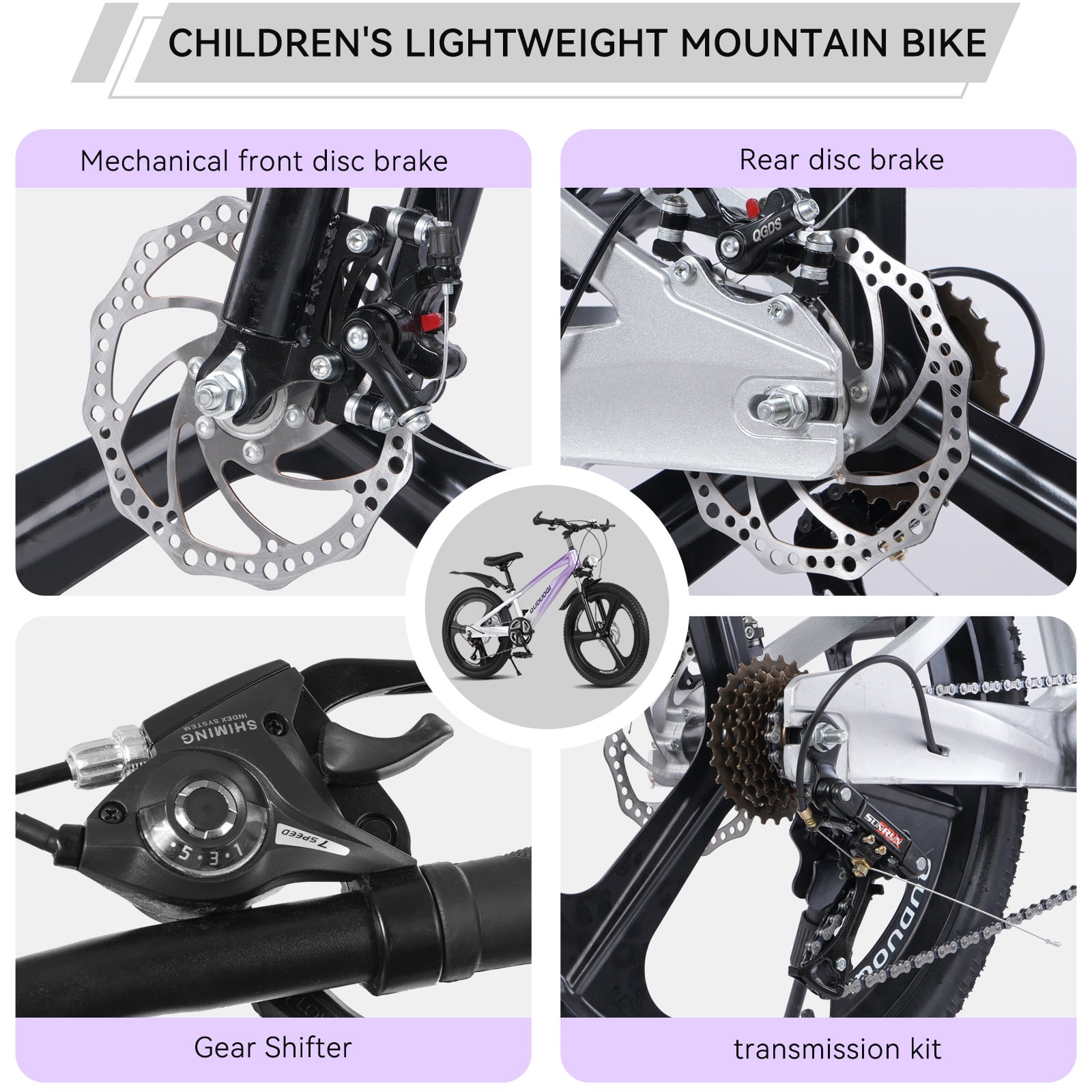 Holaki 20" Mountain Bike for Kids, 7-Speeds Magnesium Alloy Mountain Bicycle w/ LED Headlights, Disc Brakes & Anti-skid Tire for 7-14 Years Old, Purple