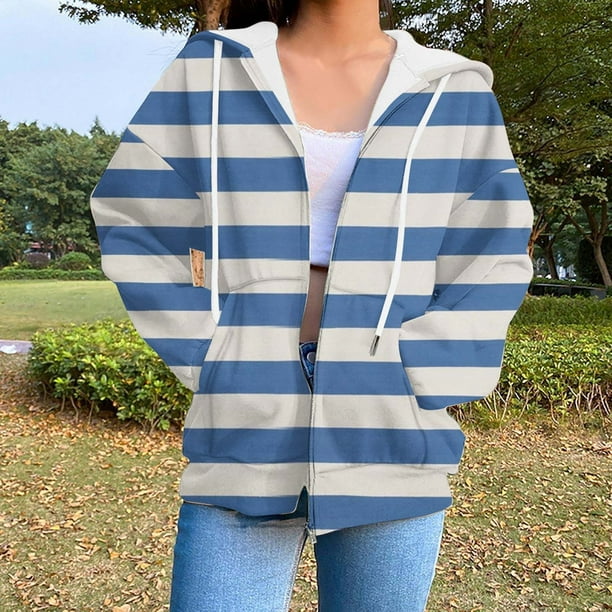 ICHUANYI Clearance Women's Casual Printed Zippered Long Sleeved Hooded Sweater Jacket Top(Blue, M) ICHUANYI WER2023081511612
