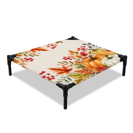 Thanksgiving Elevated Dog Bed Fal Pumpkin Maple Leaves Red Berries Linen Texture Cooling Breathable Outdoor Raised Dog Cot Bed with Metal Frame Non-Slip Feet for Small Dog 20x20in