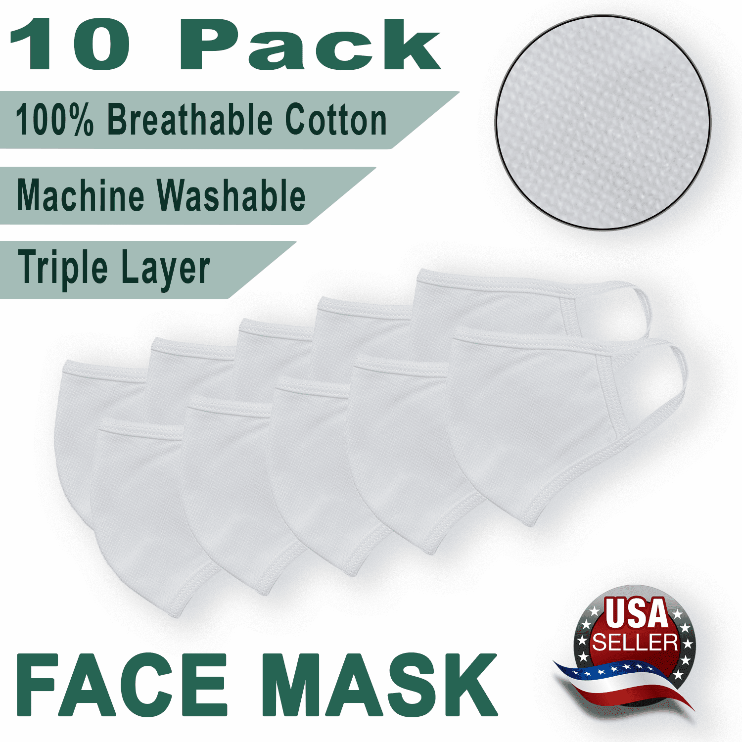 GH 10 Pack Face Mask Triple Layer 100 Cotton,Washable, Reusable