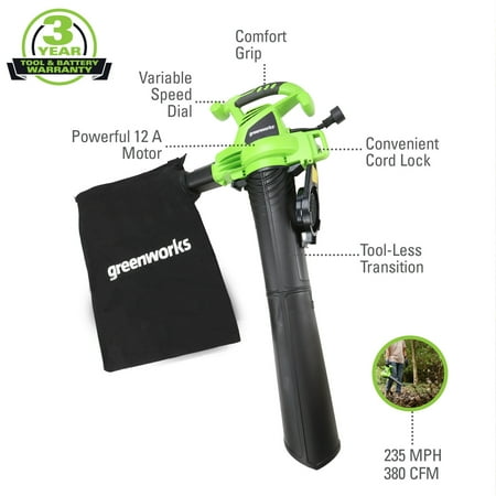 Discontinued - Greenworks 12 Amp 380 CFM Corded Electric Leaf Blower / Mulcher/ Yard Vacuum, 24072