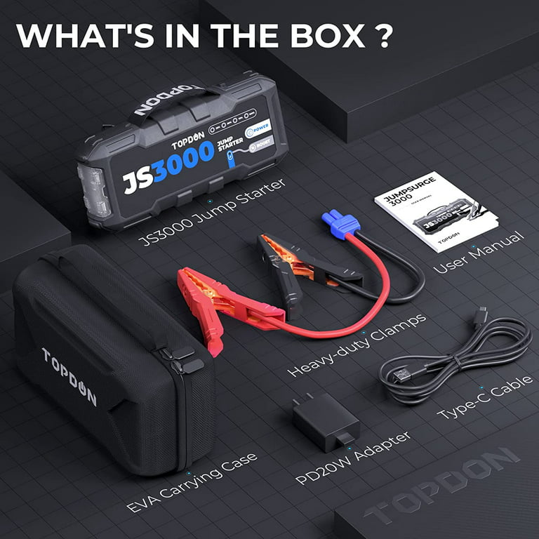 Topdon JS3000 Car Jump Starter 3000A Peak 24000mAh Car Battery Booster for Up to 9L Gas/ 7L Diesel Engines, 12V Portable Car Battery Charger with.