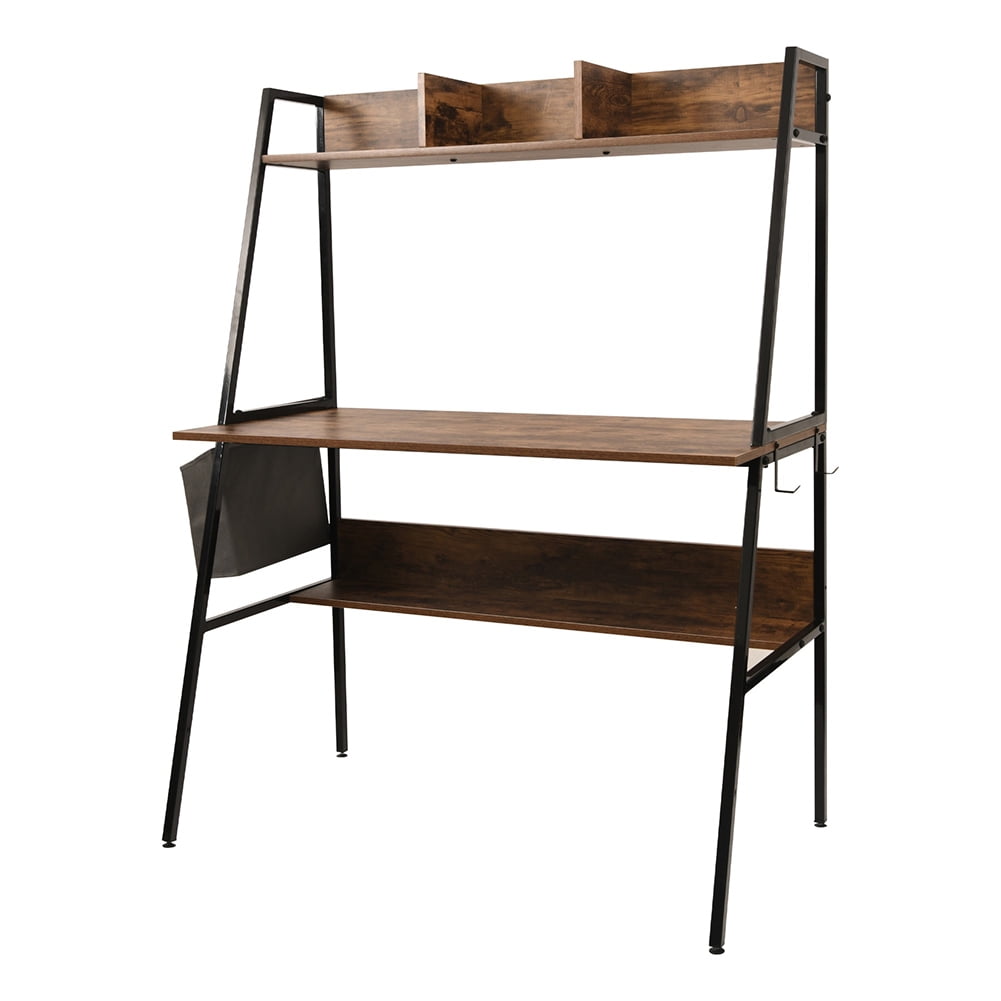 Kepooman Multi-Layer Computer Desk with Storage Rack, Studying Writing Table for Home Office, Vintage Burnt Wood Grain Kepooman Multi-Layer Computer Desk with Storage Rack, Studying Writing Table for Home Office, Vintage Burnt Wood Grain
