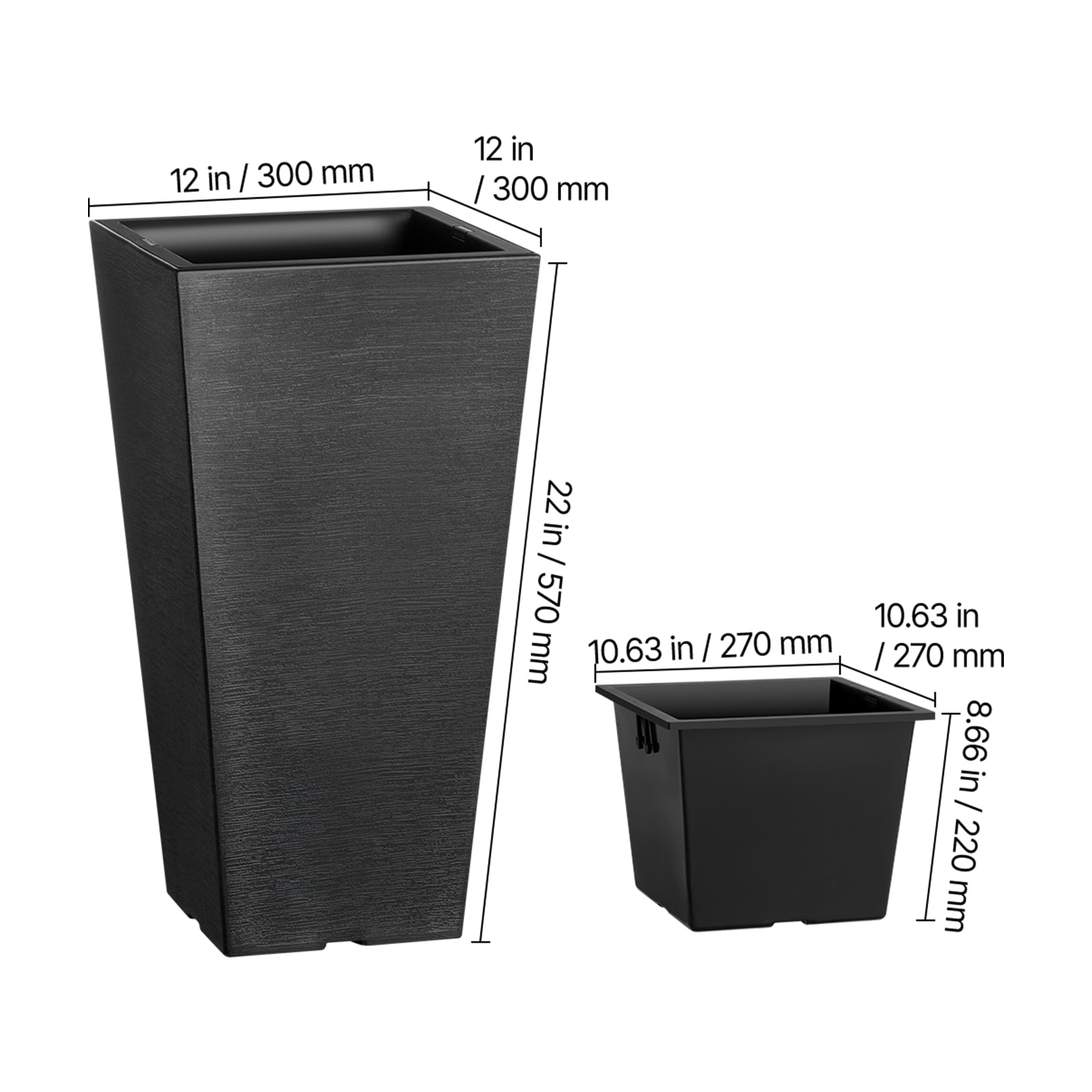 VEVOR Set of 2 Tall Outdoor Planters 22inch, Large Planters For Outdoor Indoor Plants, Black Tapered Square Front Porch Planters Flower Tree Plant Pots with Modern Design and Built-in Drainage