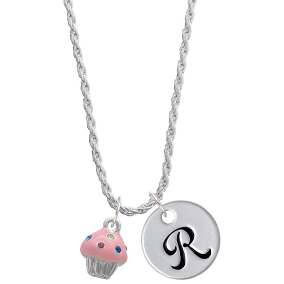 Delight Jewelry Silvertone Small Pink Cupcake with Crystal Sprinkles Silvertone Script Initial Disc - R - Charm Necklace, 20"+3"