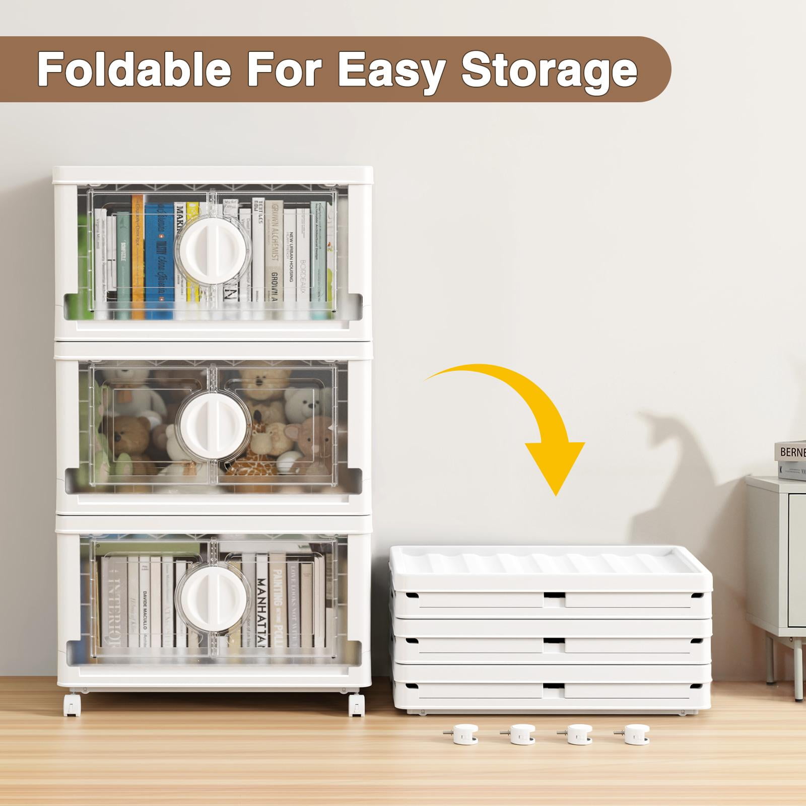 BROVIEW V9 120Gal Stackable Storage Bins, Plastic Collapsible Storage Bins with Lids and Wheels, Clothes Organizers and Storage Drawer, Folding Cabinets with Doors for Home, 4PCS White