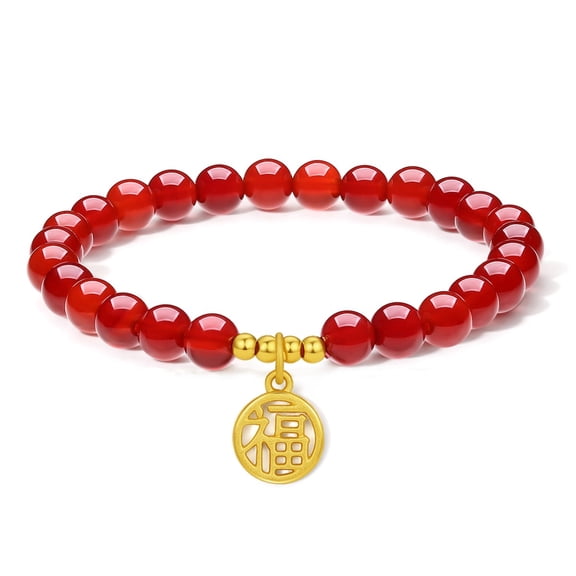 ZHOU LIU FU 24K Gold Beaded Bracelets Red Agate Fu Charm Jewelry 17cm for Women A1910731