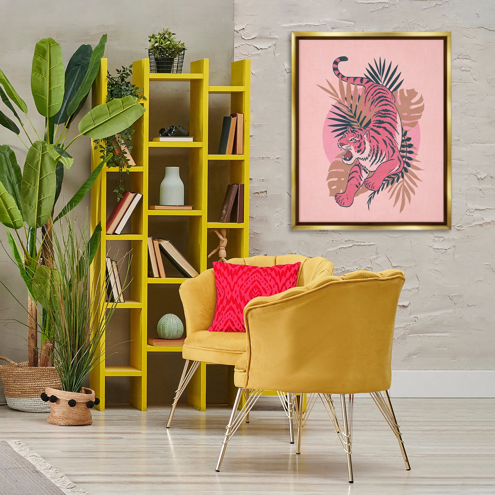 Stupell Industries Muted Retro Tiger Animals Painting Gold Floater Framed Canvas Art Print Wall Art, 25 x 31