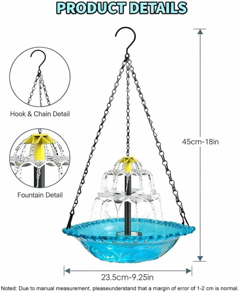 HoliHive Solar Powered Cascading Bird Bath, Cascade Hanging Birdbath Fountain with Flowing Water, Decorative Garden Yard Patio Bird Bath Fountain