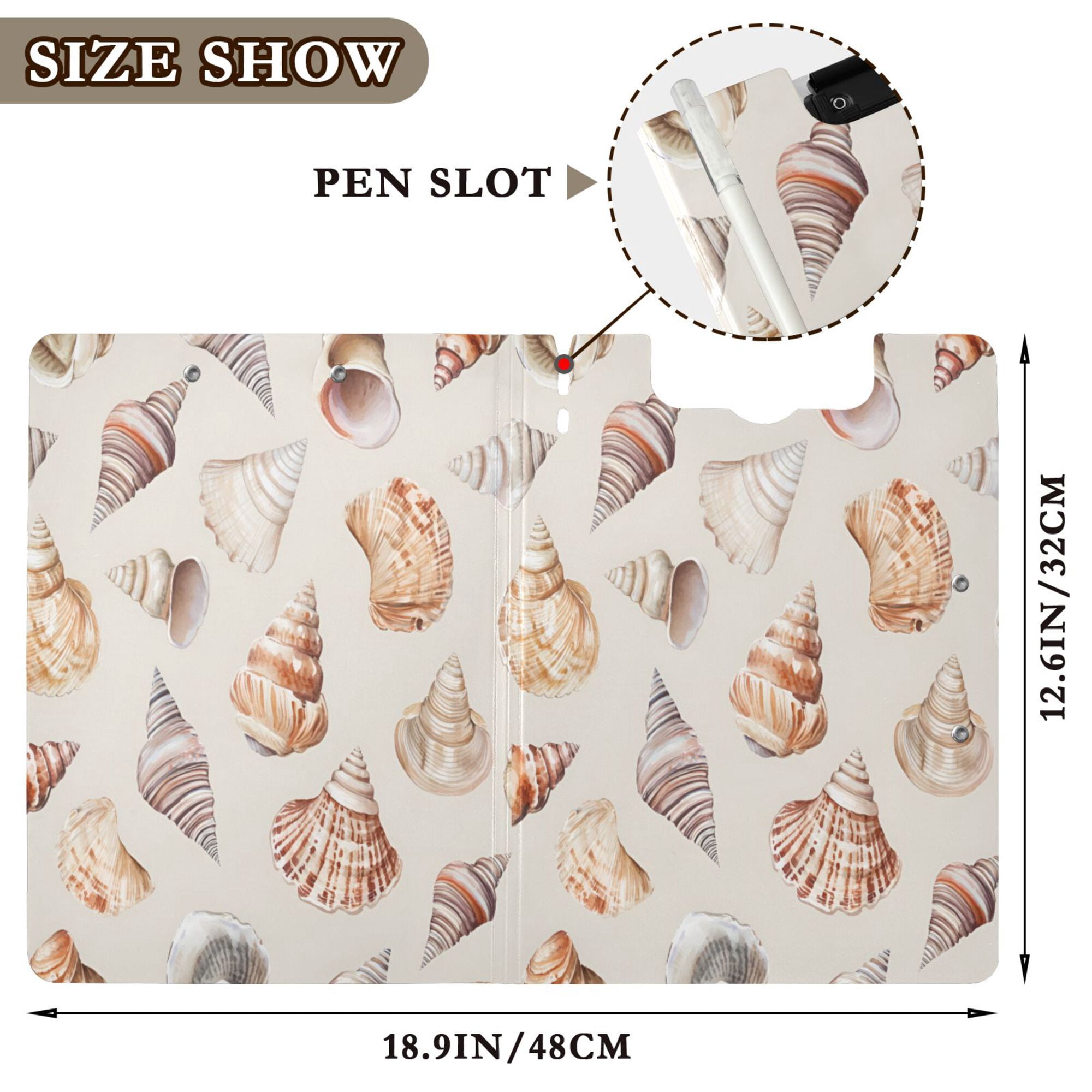 FORMRS A4 Clipboard Folder with Pen Holder Horizontal Foldable School Office Binder, Red Watercolor Seashells