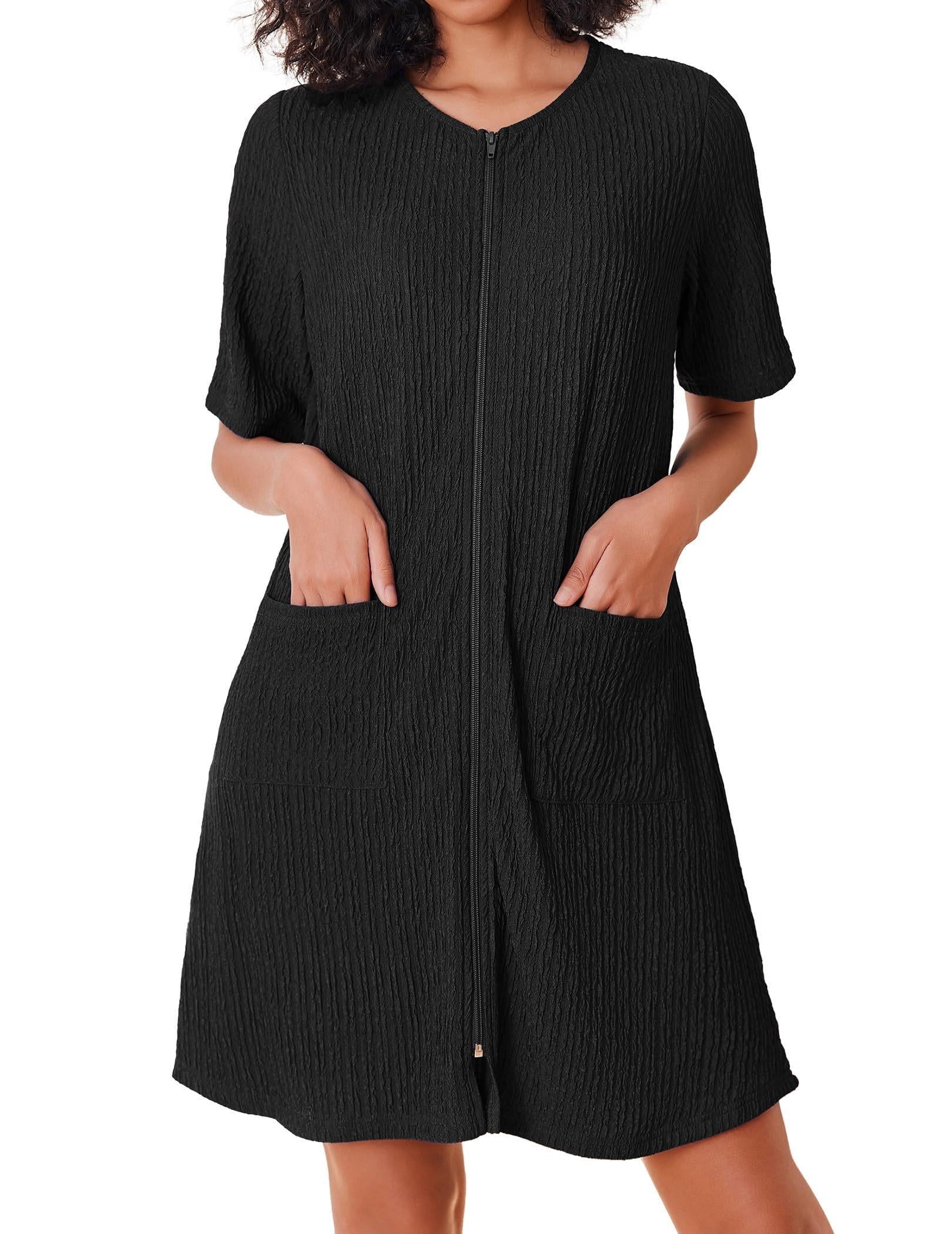 ladies short zipped dressing gown Women Zipper Robes Bathrobe Lightweight House Coat with Pockets Soft Nightgown S-2XL feature_Bows