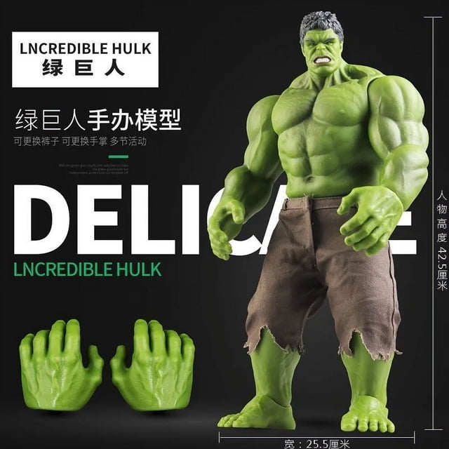 figuras de acción de marvel hulk de 42cm, personajes de anime, adornos de escritorio, muñeco grande de hulk, modelo de colección para niño, juguetes, regalo de cumpleaños: figura de 42 cm vista 3/4 frontal de Hulk en PVC con torso musculoso y piel verde, pantalones cortos marrón rasgados, par de manos intercambiables verdes junto a la base sobre fondo negro; suele usarse como pieza de coleccionables y adorno de escritorio.