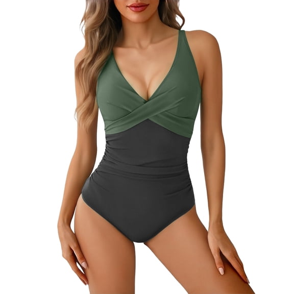 VISALY One Piece Swimsuits Tummy Control Ruched Push Up Color Block Crisscross V Neck Tie Back Full Coverage Bathing Suit Slimming Swimwear Wide Straps Swim Suit Wrap Swimwear Blackish Green L