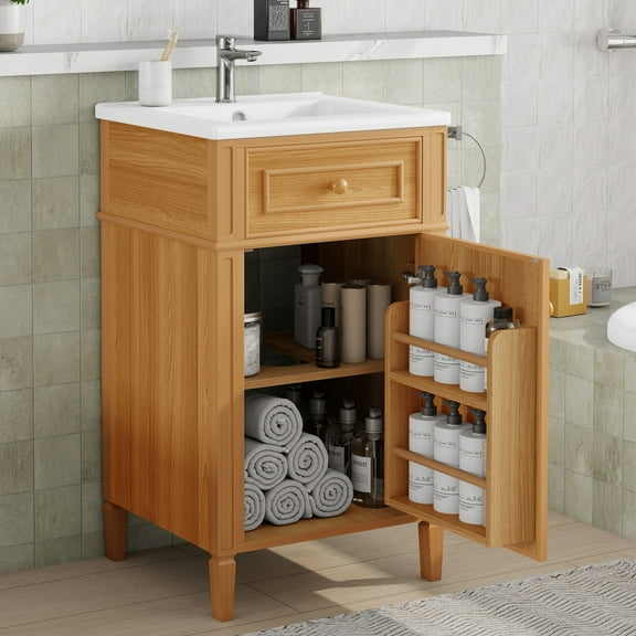 20-Inch Modern Wood Bathroom Vanity with Sink for Small Bathroom, Solid Wood Legs, Adjustable Shelf, Tilt-Out Drawer & Freestanding Cabinet