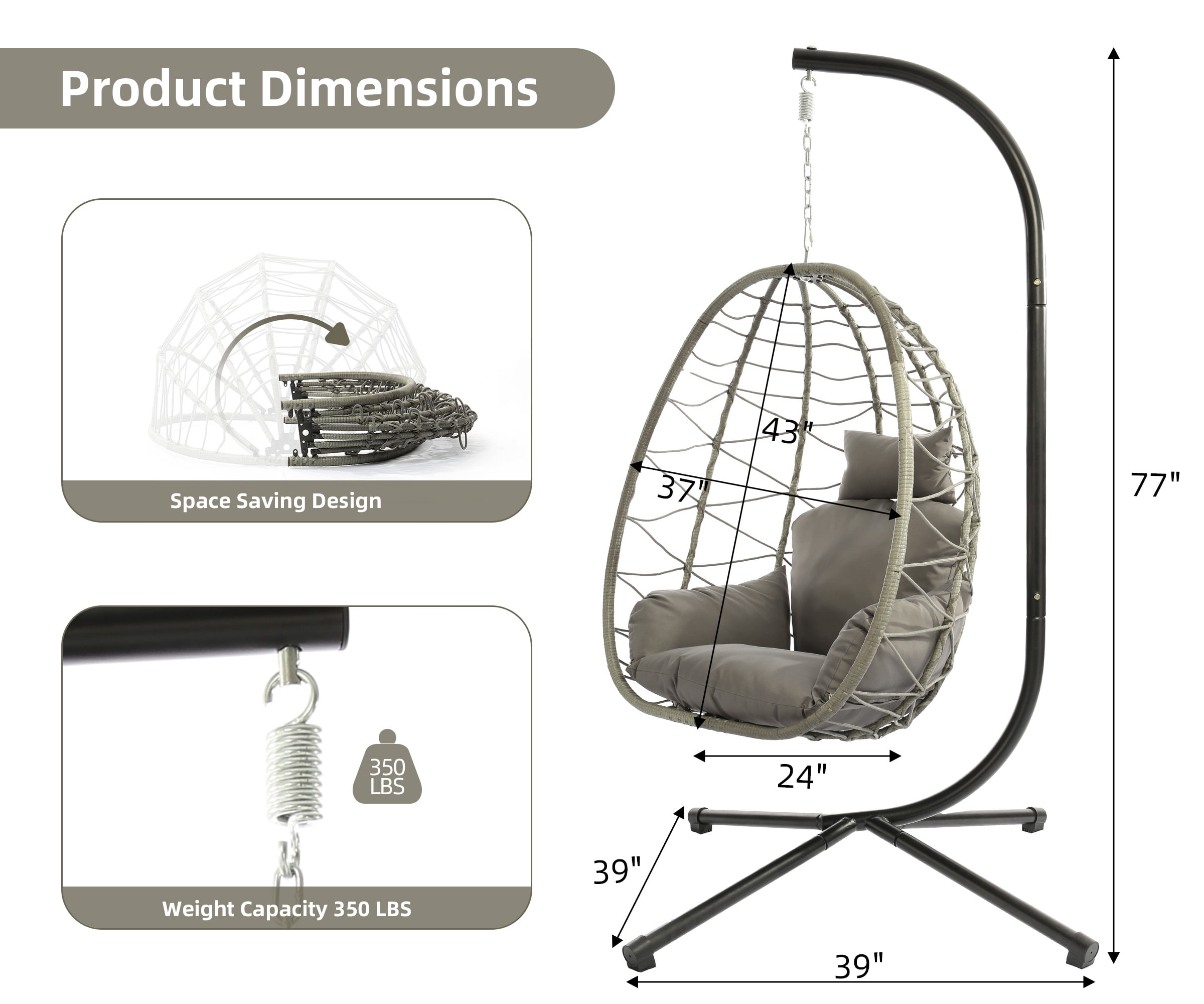 LHBcraft Indoor/Outdoor Wicker Swing Egg Chair Hammock Hanging Chair Nest Basket with Stand, UV Resistant Removable & Washable Cushions,350LB Capacity for Bedroom, Balcony, Garden and Poolside (Grey)