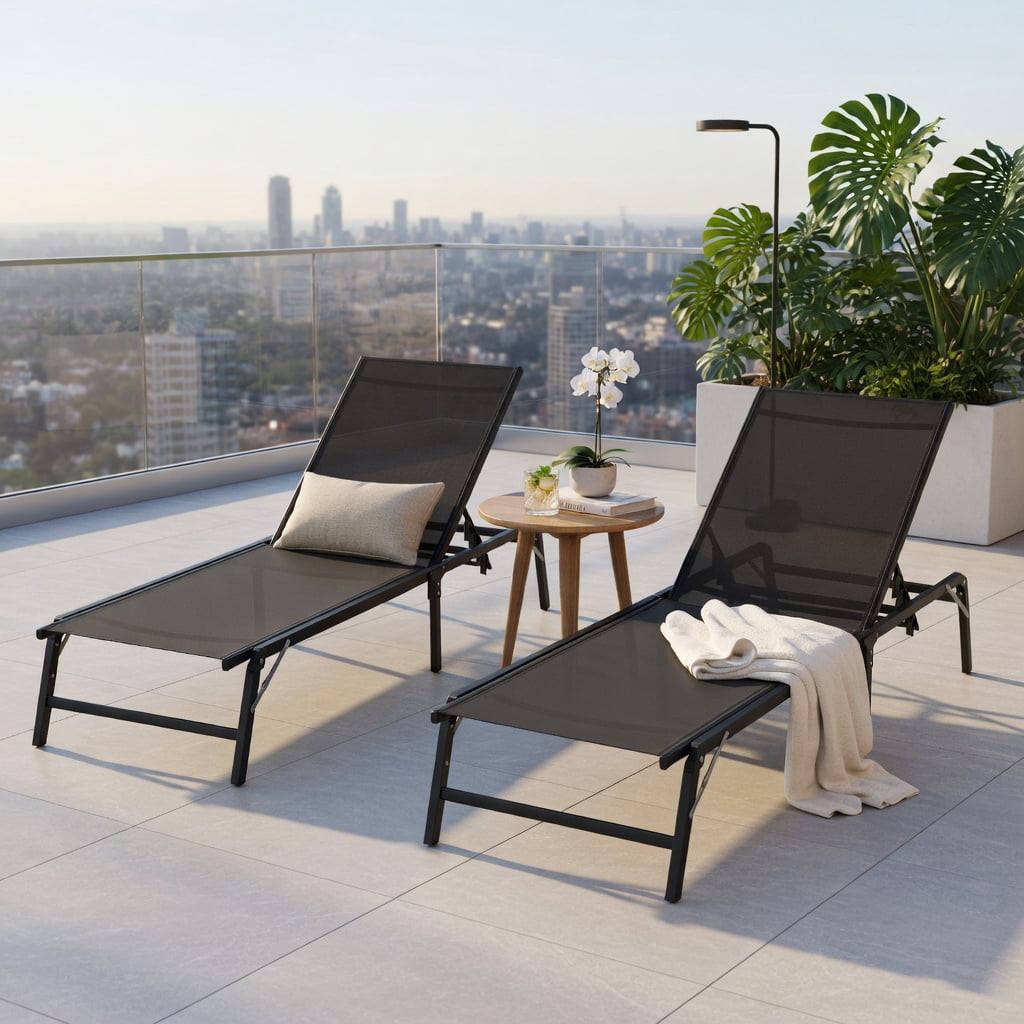 Hommoo 2-Pack Foldable Outdoor Chaise Lounge Chairs, Metal Frame with Breathable Fabric, 5-Position Adjustable Backrest, Perfect for Patio, Pool & Backyard, Black