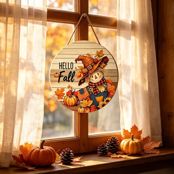 Fall Door Decor, Circular Wooden Hello Fall Sign with Pre‑Attached Hanging Rope,11.81in Scarecrow Pumpkin Printed Plaque for Front Door Porch Entryway Thanksgiving Home Decor