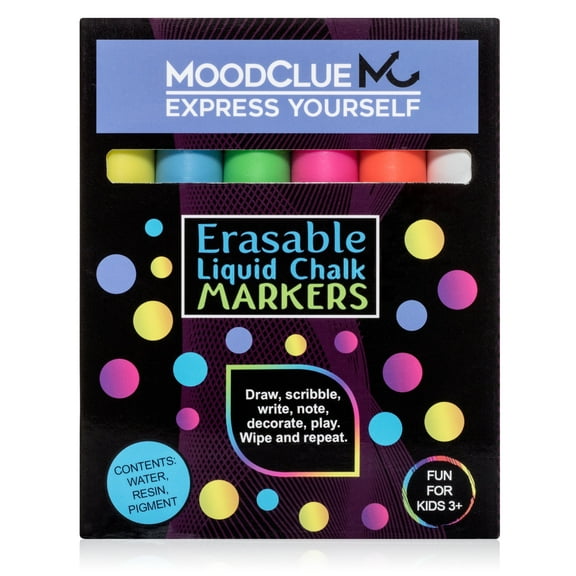 MoodClue Liquid Chalk Markers, 6 Neon Colors, Reversible Tips, Easy-Clean Wet or Dry Erase, Non-Toxic