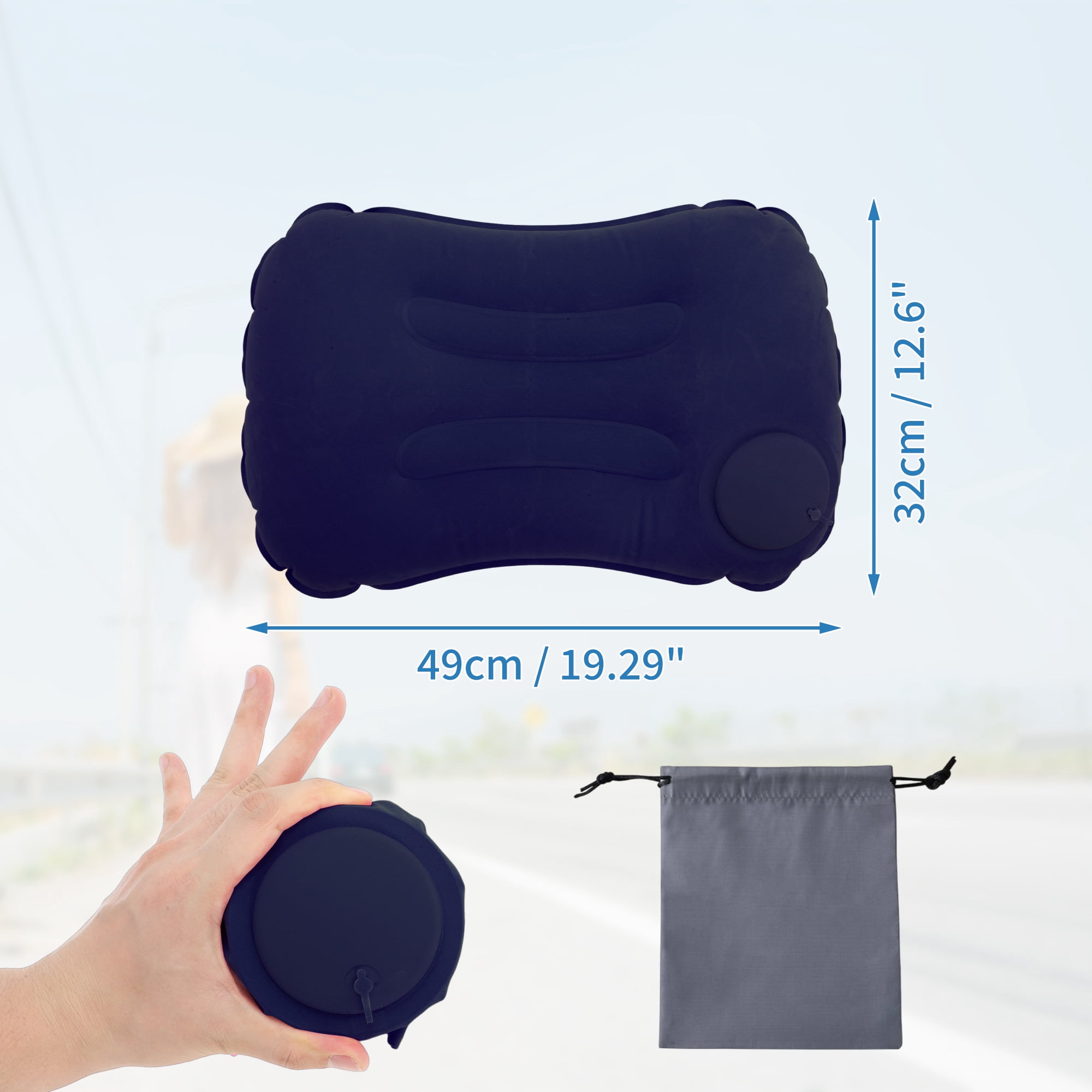 Unique Bargains Travel Pillow Press to Inflate Neck Pillow Deep Blue 19.29"x12.6"