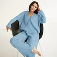 thumbnail image 6 of Womens Cotton Gauze Loungewear Sets Casual Button Down V-Neck Long Sleeves Shirt and Wide Leg Pants Outfits Blue M, 6 of 7