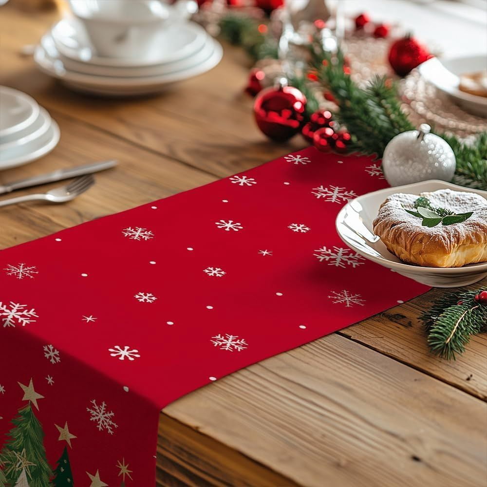 Christmas Table Runner 13x72 Inch, Xmas Trees Snowflakes Holiday Decorative Farmhouse Table Decoration for Kitchen Dinning, Indoor Outdoor Dinner Party Decor