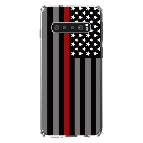 DistinctInk Clear Shockproof Hybrid Case for Samsung Galaxy S10 (6.1" Screen) - TPU Bumper, Acrylic Back, Tempered Glass Screen Protector - Thin Red Line US Flag Fire Rescue - First Responders
